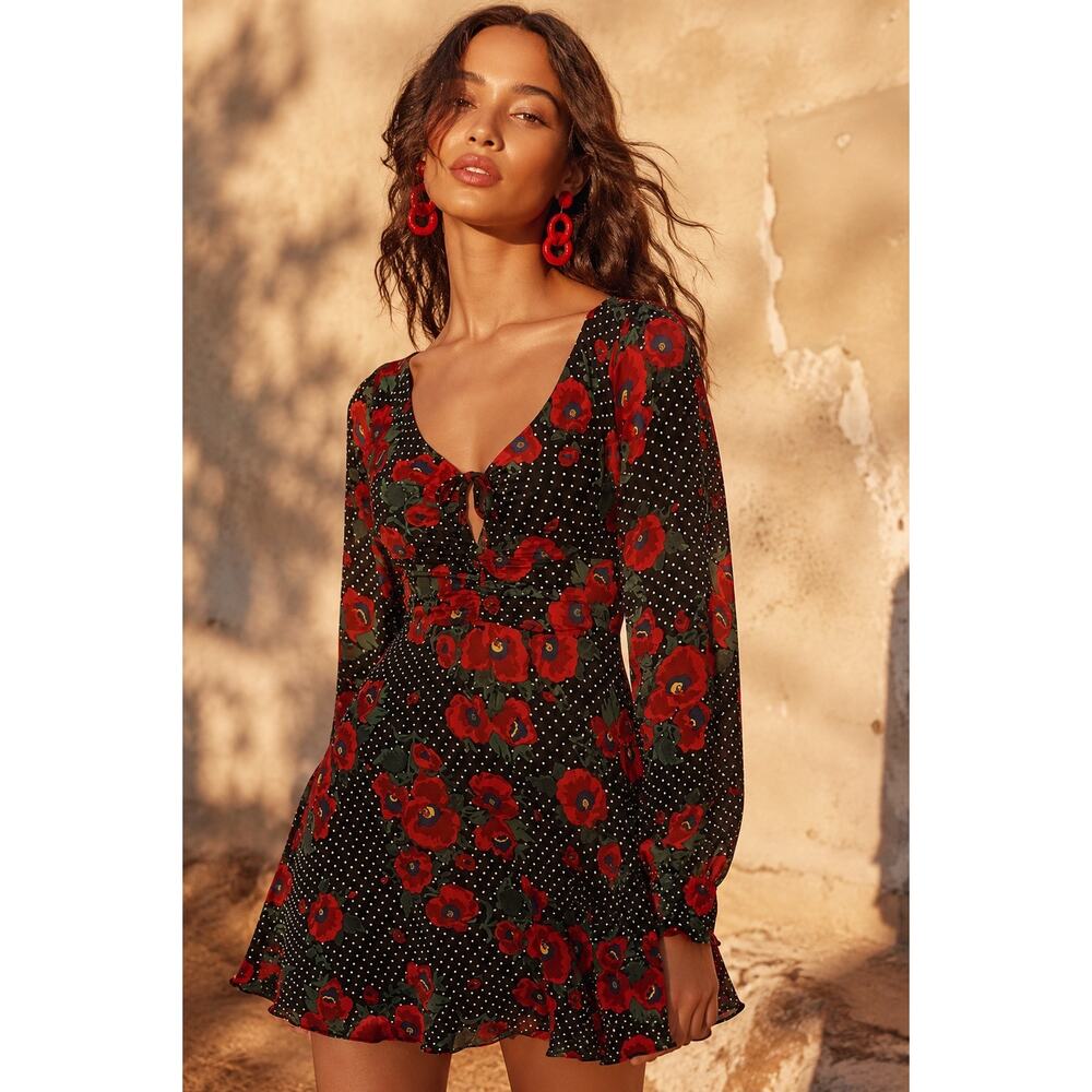 FREE PEOPLE Morning Light Retro Floral Printed Long Sleeve Mini Dress Size 2